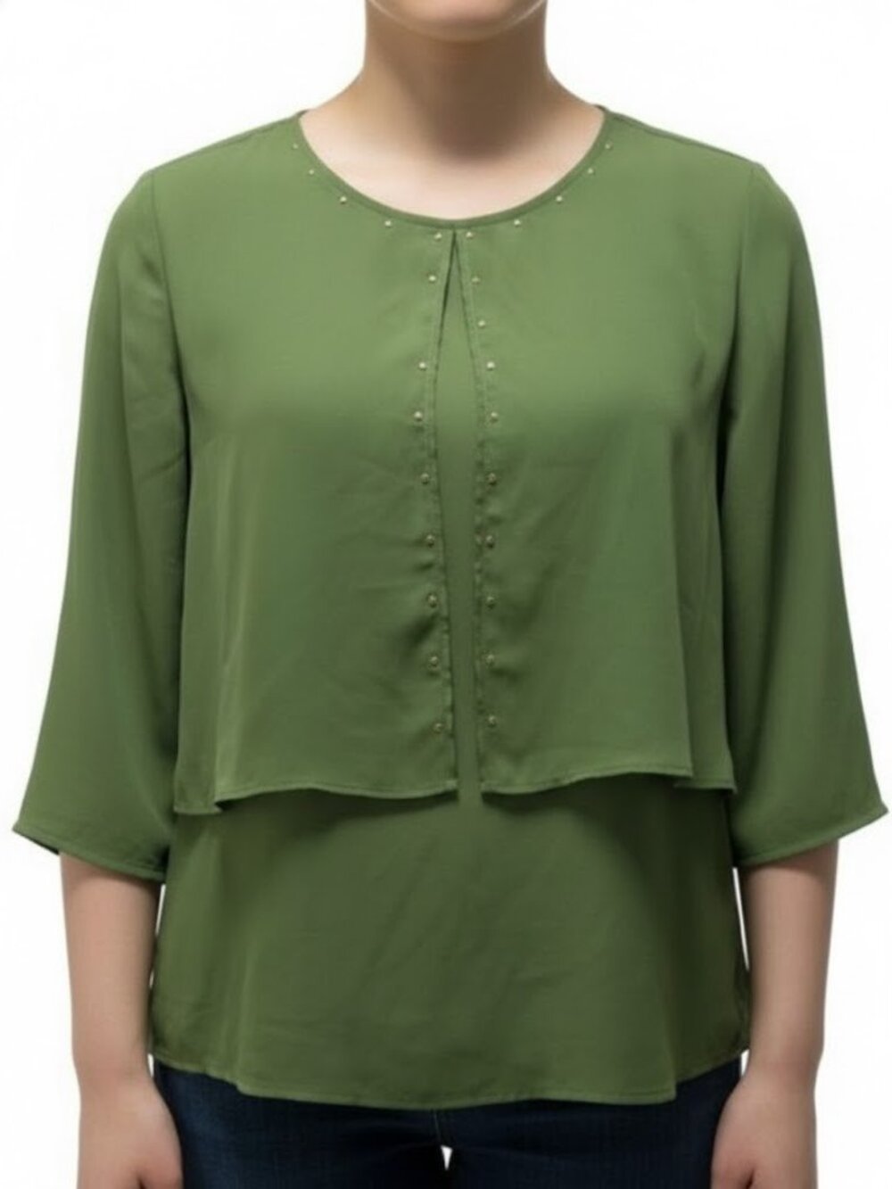 NY Collection Petite PL Green Embellished Double Layer Top 3/4 Sleeve Blouse NWT